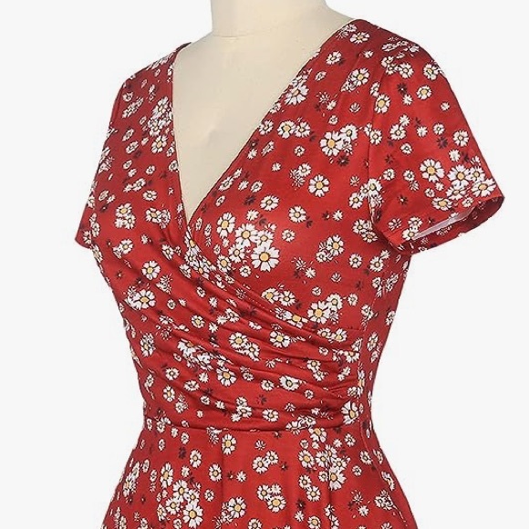 Oxiuly Dresses & Skirts - Red Floral V-Neck Faux Wrap Casual Summer Dress A-Line